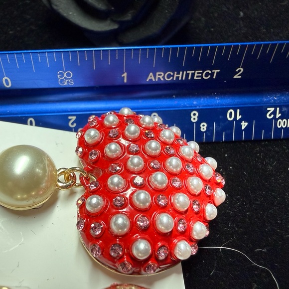 Betsey Johnson Red and Pearl Heart Earrings - Picture 4 of 5